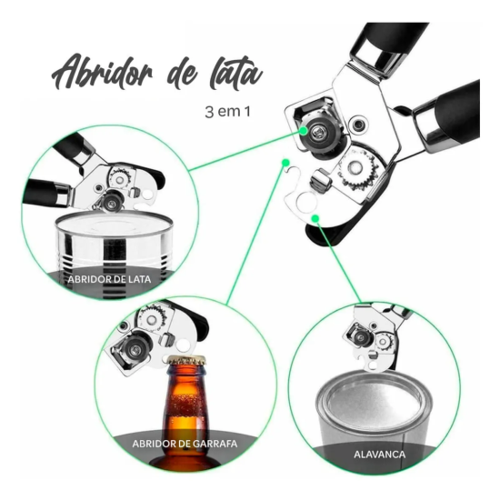 Abridor De Latas Manual 3 Em 1 Latas, Garrafas E Alavanca Para Tampas - Aço Inoxidável