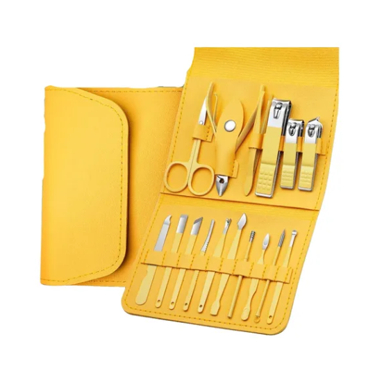 Kit Manicure E Pedicure Profissional 16 Peças Com Estojo Dobrável - Amarelo