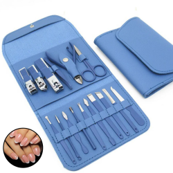 Kit Manicure E Pedicure Profissional 16 Peças Com Estojo Dobrável - Azul