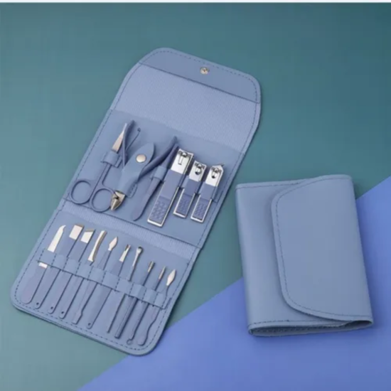 Kit Manicure E Pedicure Profissional 16 Peças Com Estojo Dobrável - Azul