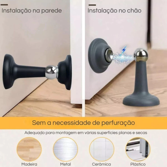 Trava Porta Magnético Dupla Face - Fixador Longo Para Portas - Cinza