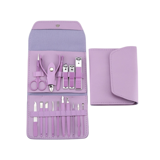 Kit Manicure E Pedicure Profissional 16 Peças Com Estojo Dobrável - Lilás