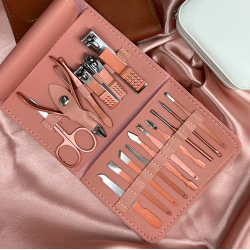 Kit Manicure E Pedicure Profissional 16 Peças Com Estojo Dobrável - Rosa