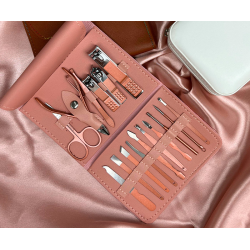 Kit Manicure E Pedicure Profissional 16 Peças Com Estojo Dobrável - Rosa