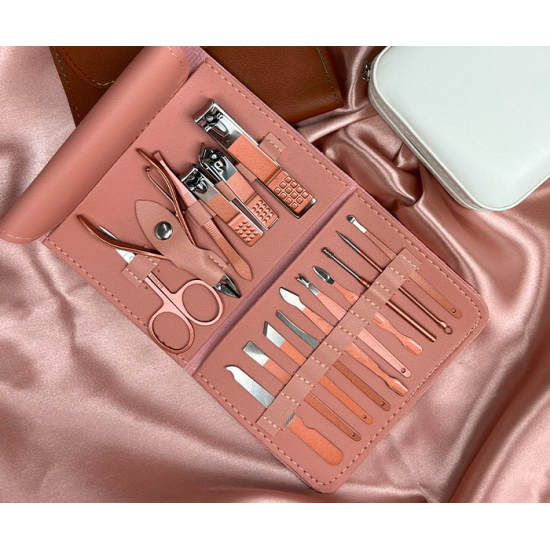 Kit Manicure E Pedicure Profissional 16 Peças Com Estojo Dobrável - Rosa