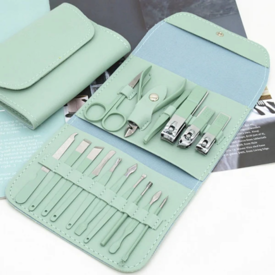 Kit Manicure E Pedicure Profissional 16 Peças Com Estojo Dobrável - Verde