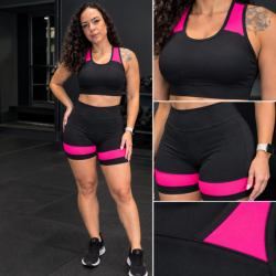 Conjunto Feminino Fitness Suplex Top E Short Cintura Alta Tam. M - Preto e Rosa