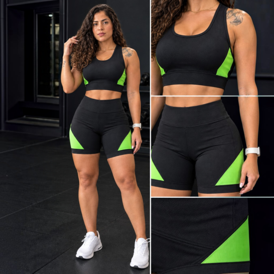 Conjunto Feminino Fitness Suplex Top E Short Cintura Alta Tam. P - Preto e Verde