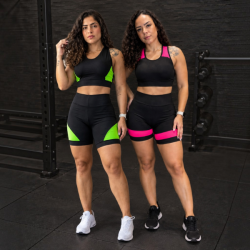 Kit 2 Conjuntos Feminino Fitness Suplex Top E Short Cintura Alta Tam. P - Verde e Rosa